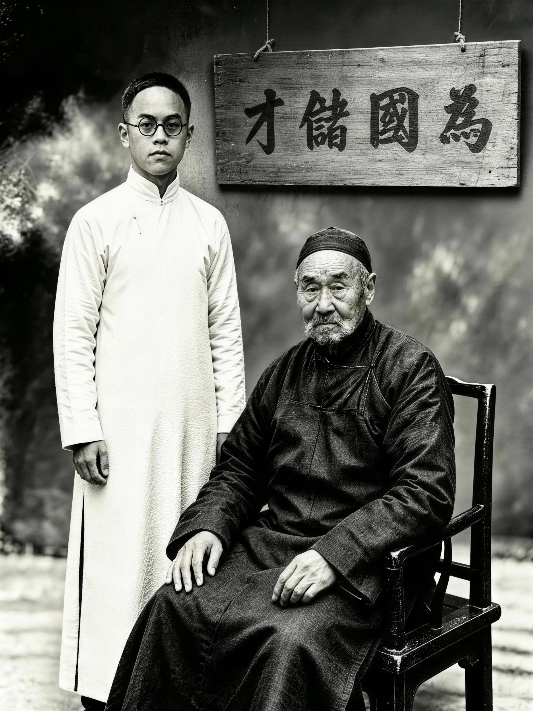 鲁雨亭、鲁紫铭父子与为国储才牌匾 / Lu Yuting and Lu Ziming with the Cultivating Talents for the Nation plaque